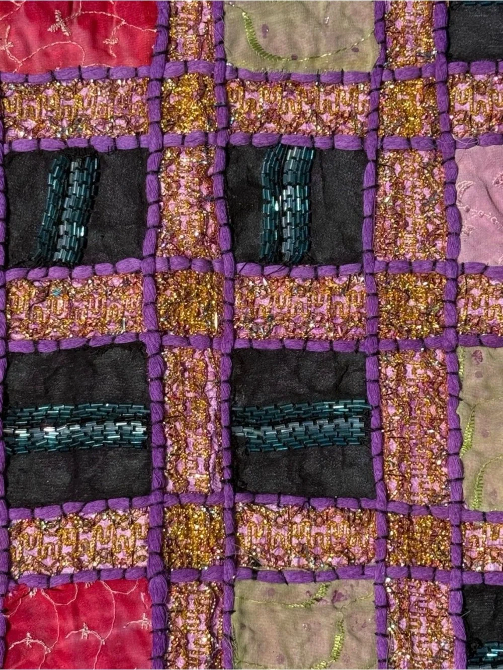 Handcrafted Purple Patchwork Square throw pillow covers boho maximalism beadwork